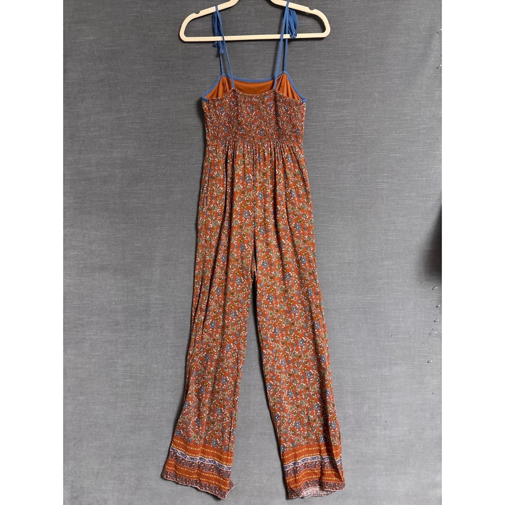 Live to be Spoiled Jumpsuit S Blue Brown Floral Wide Leg Smocked Boho Rayon XS - Picture 6 of 13